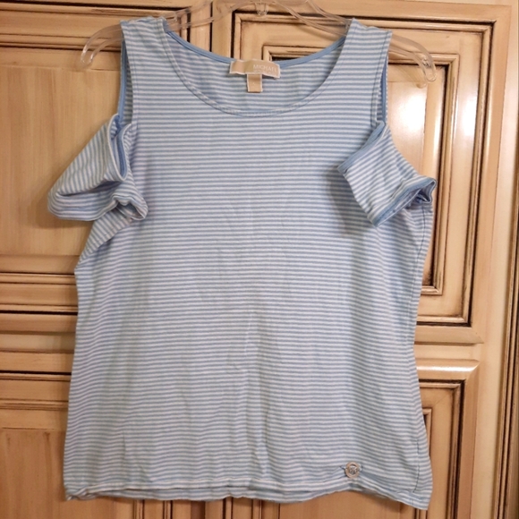 Michael Kors Tops - Michael Kors Blue White Peephole Shoulders‎ Top - Size Large